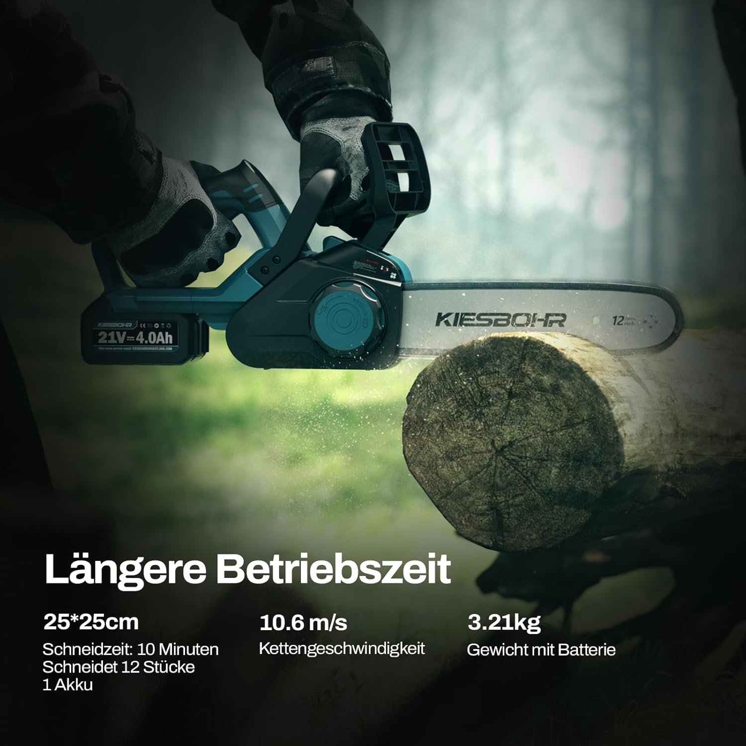 30cm Akku Kettensäge, 12 Zoll Bürstenlose Elektro Motorsäge mit Automatischer Kettenschmierung & Kettenspannung (21V, 2 Akkus 4000mAh, 2 Ketten)