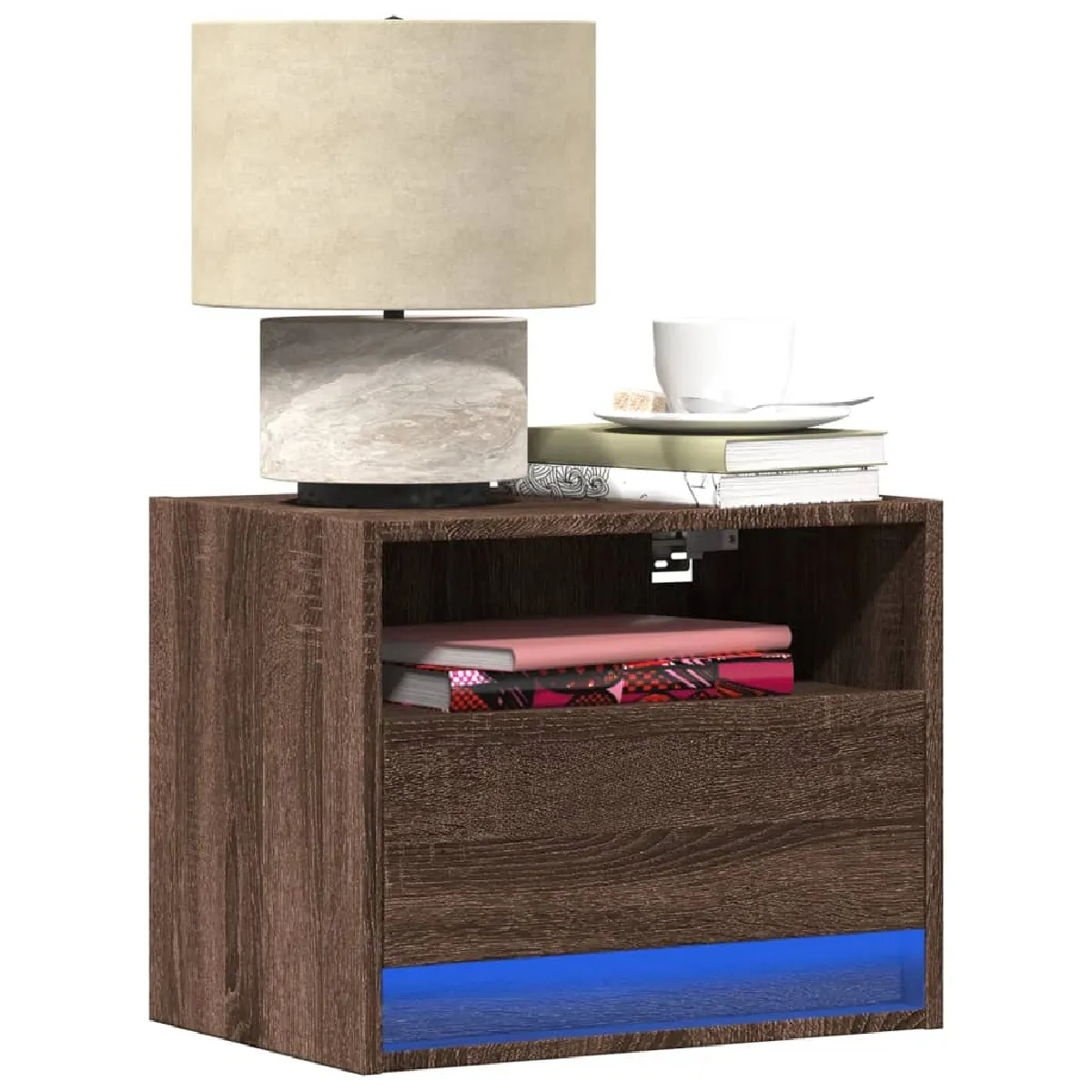vidaXL Table de chevet murale avec LED chêne marron