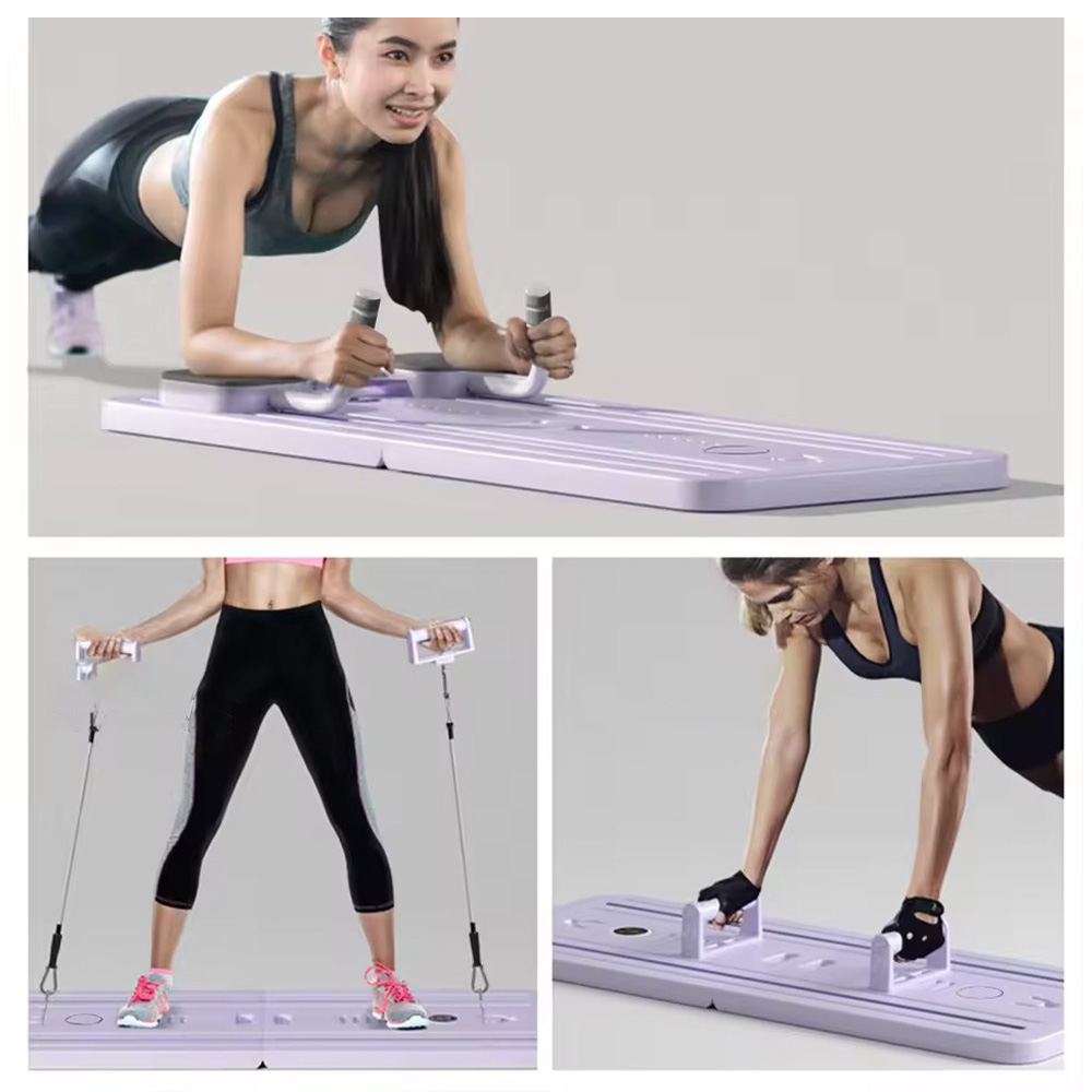 Multifunktionales Fitness Brett Pilates Reformer Board Faltbares Home Workout Sport Gerät inkl. Timer / Kniematte - Rosa
