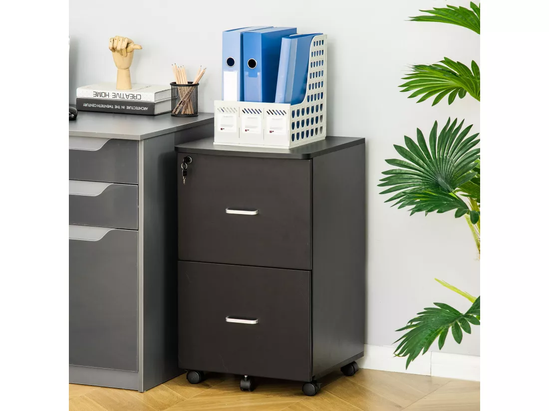 Vinsetto Caisson de bureau rangement bureau sur roulettes 2 tiroirs verrouillables 2 clés fournies MDF panneaux particules noir