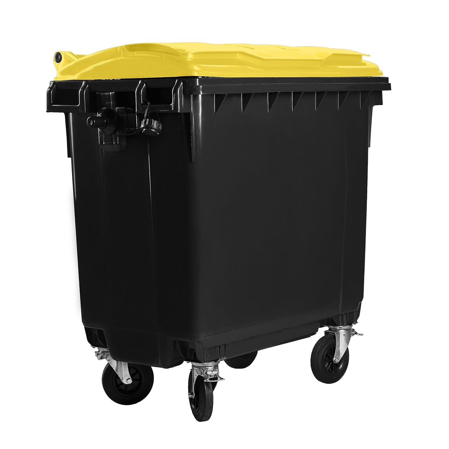 Hardwex Müllcontainer mit 4 Rädern mit Flachdeckel, Müllgroßbehälter, Abfalltonne, Mülltonne, Volumen: 770 Liter, Farbe: Grau/Gelb, Größe: 1 365 x 1 370 x 778 mm
