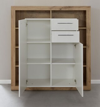 Highboard Rock Weiß Hochglanz/Eiche Wotan Nachbildung 121 x 128 x 40 cm