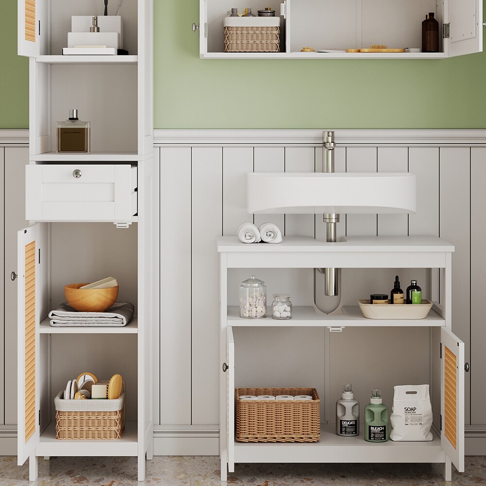 Vicco Badmöbel-Set Rosario, Weiß, moderne Serie, Badezimmer, dekorative Front, Spiegelschrank, Waschtischunterschrank, Hochschrank