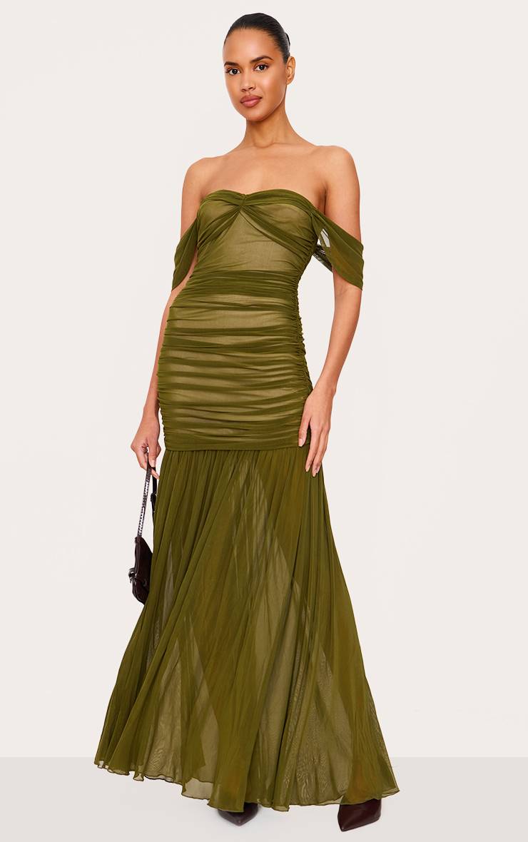 Vert Olive Robe Longue En Mesh À Épaules Dénudées Avec Détails Froncés