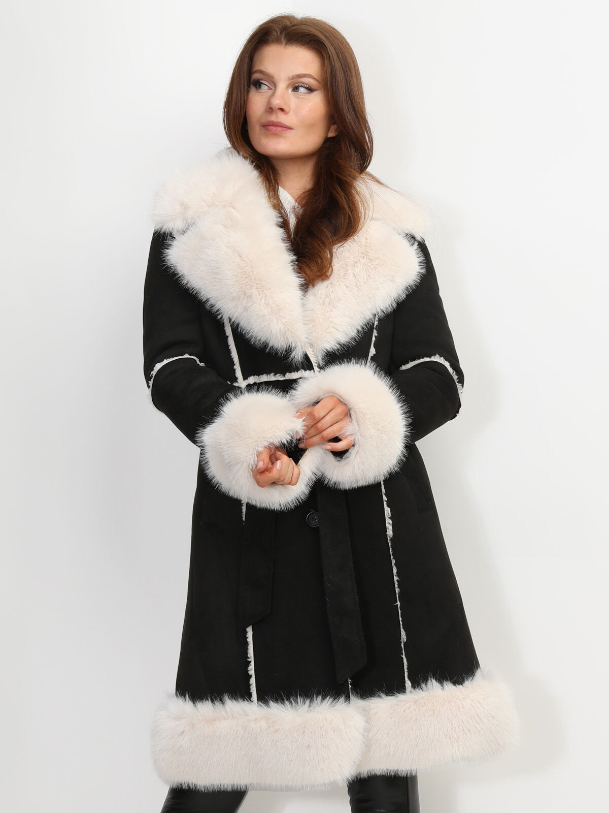 Manteau en suédine et fausse fourrure- Noir