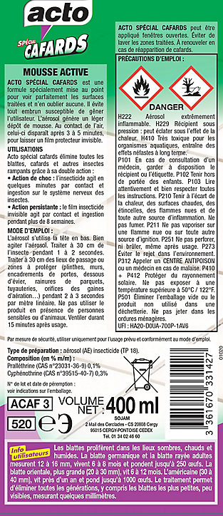 Aérosol anti cafards et blattes Acto 400 ml