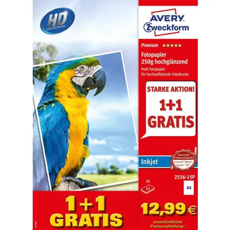 Avery Zweckform 2556-15P Premium Inkjet Fotopapier, DIN A4, einseitig beschichtet, 250 g/m², 30 Blatt