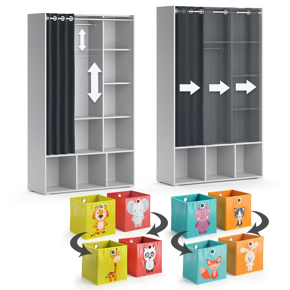 Vicco Kinderkleiderschrank Kinderzimmerschrank Kindergarderobe Luigi Hellgrau Faltbox 106 x 178 cm modern Schrankregal Jugendzimmerschrank Organizer Vorhang Kleiderstange Fächer Aufbewahrung Spielzeugablage