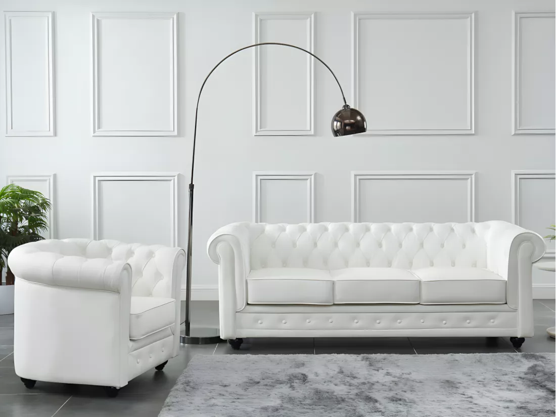Canapé 3 places et fauteuil en cuir de buffle CHESTERFIELD - Blanc