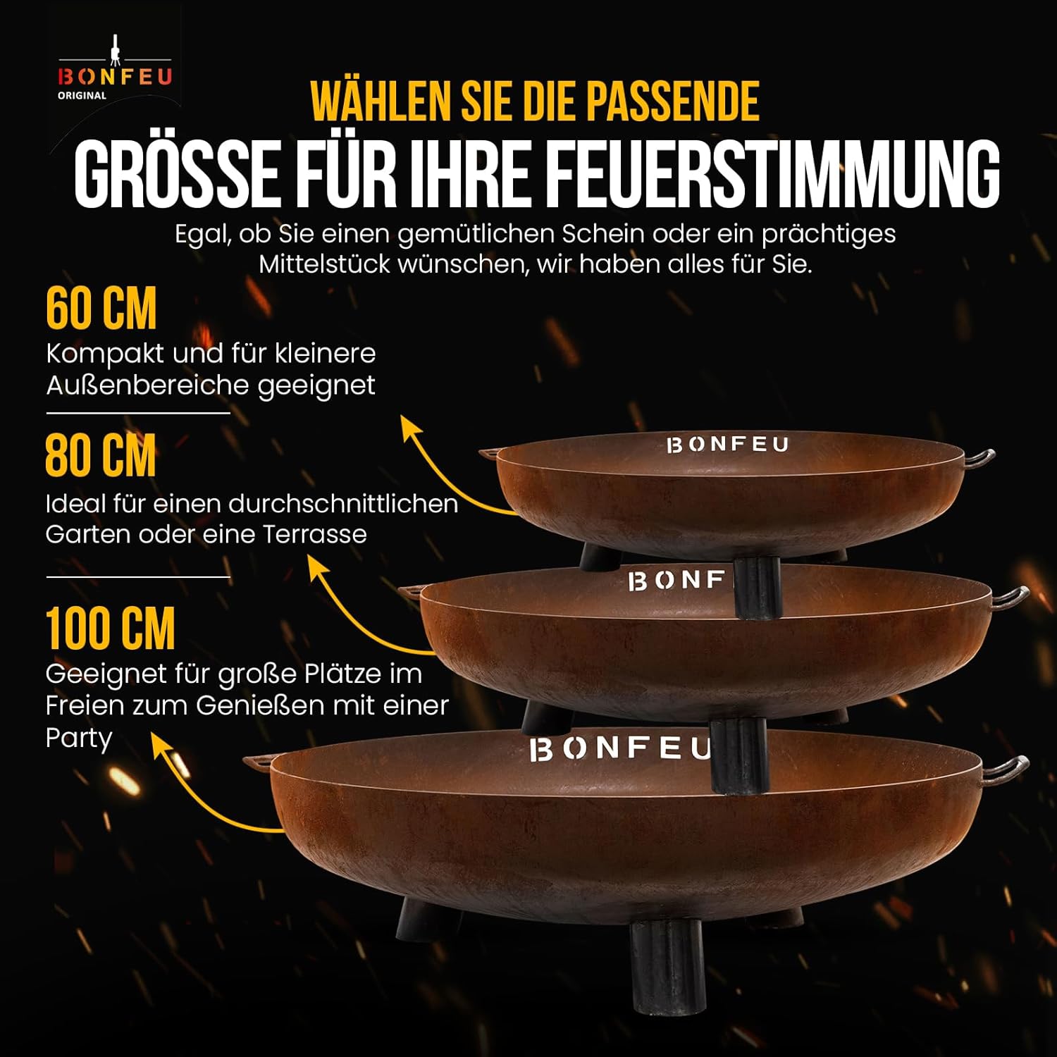 BonFeu BonBowl Plus Feuerschale 100 cm Durchmesser - Feuerschalen für den Garten - Feuerstelle Outdoor & Feuertonne - Feuerschale mit Opt. Grillrost - Feuerkorb für den Garten - 100x100x23.5cm