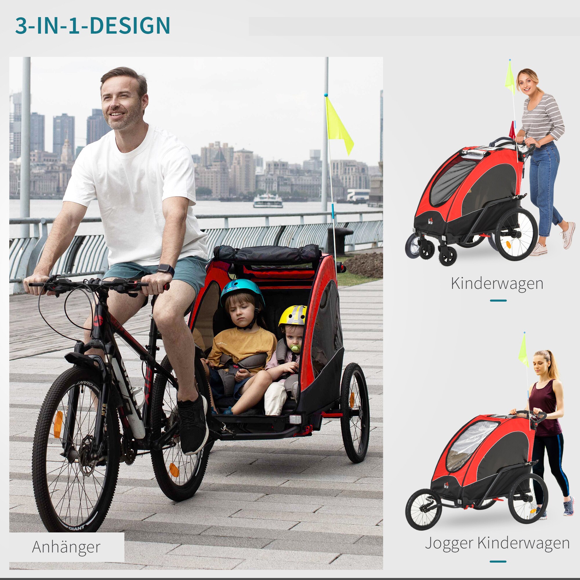 HOMCOM 2 in 1 Fahrradanhänger für 2 Kinder 150 x 85 x 107 (LxBxH)