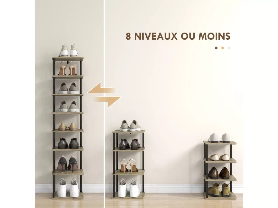 Meuble à chaussures 8 niv. style industriel - dim. 28L x 26l x 125H cm - métal noir aspect chêne clair