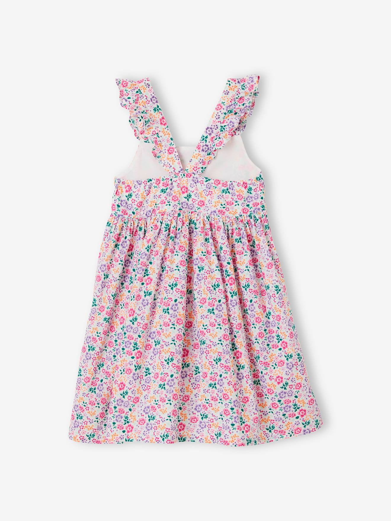 Vestido floral com alças e babados, para meninas, estampa branca clara.