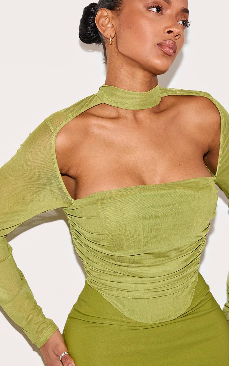 Vert Robe Longue Moulante En Résille À Manches Longues Avec Corset Froncé