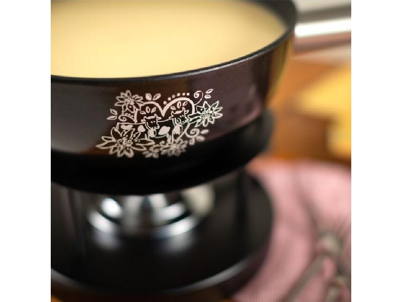 Kuhn Rikon Käsefondue-Set Alpenliebe 7 Teile, Schwarz Käsefondue-Set mit Edelweiss-Blümchen