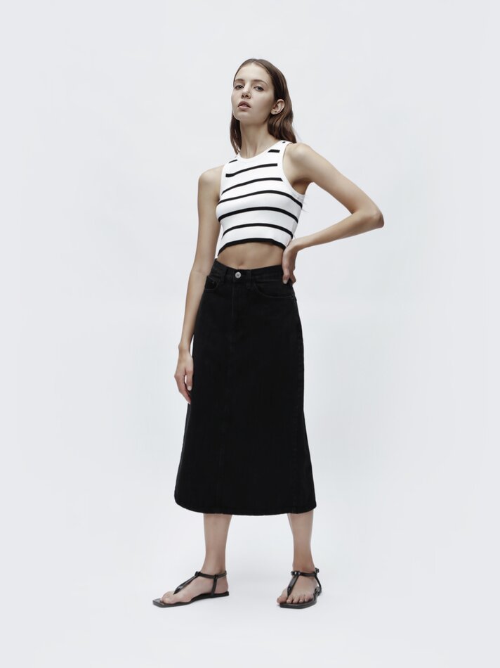 Saia midi jeans - Preta Lavada
