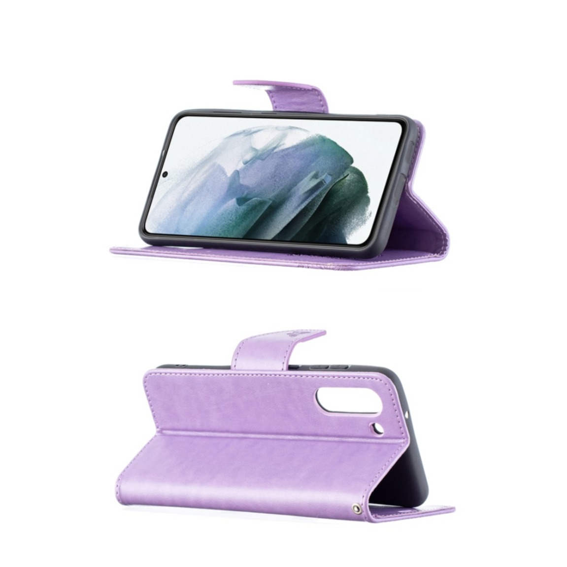 Samsung Galaxy S21 FE 5G Leder Tasche mit Kartenfach   Handschlaufe Schmetterling - Lila