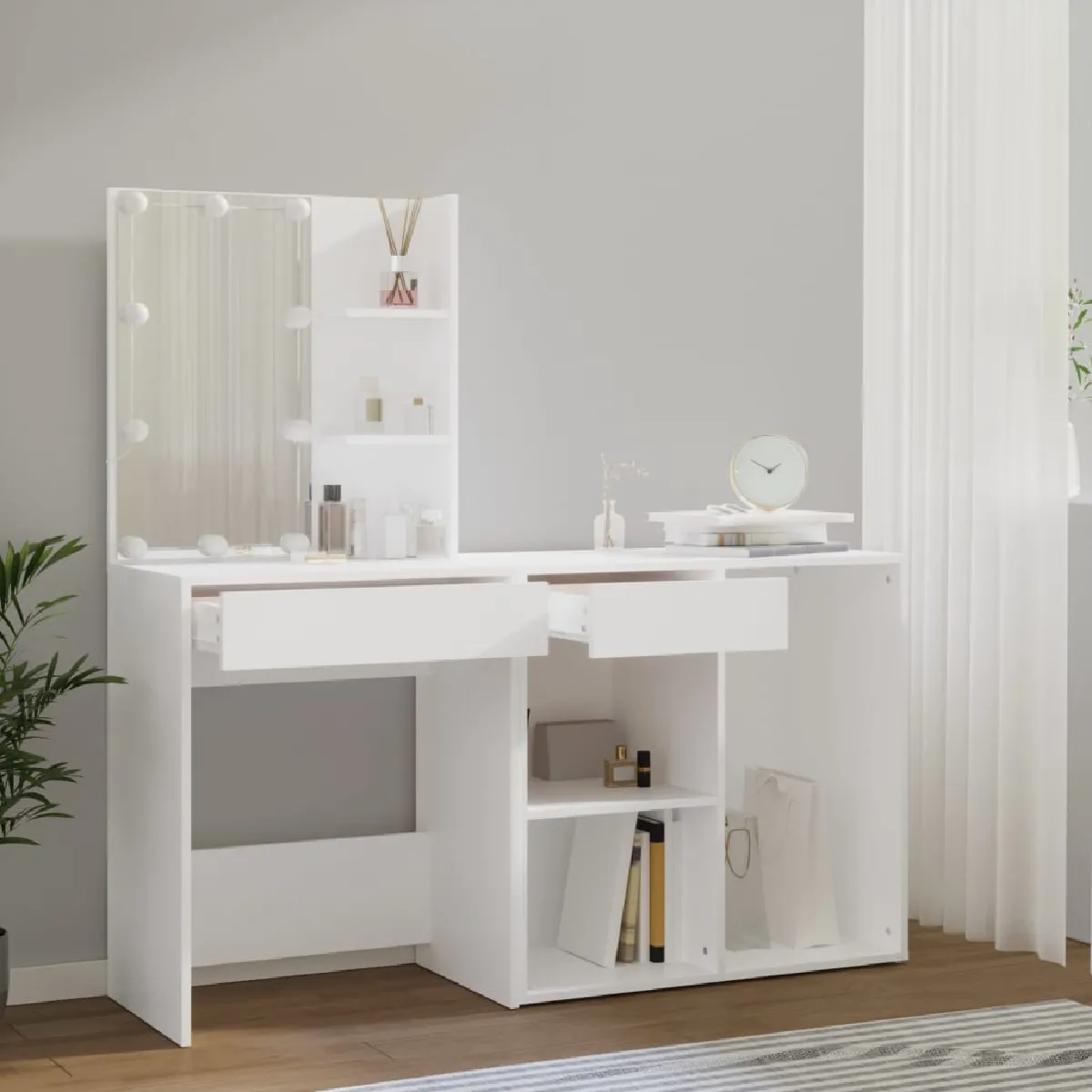 vidaXL Coiffeuse LED avec Armoire - Blanc Brillant
