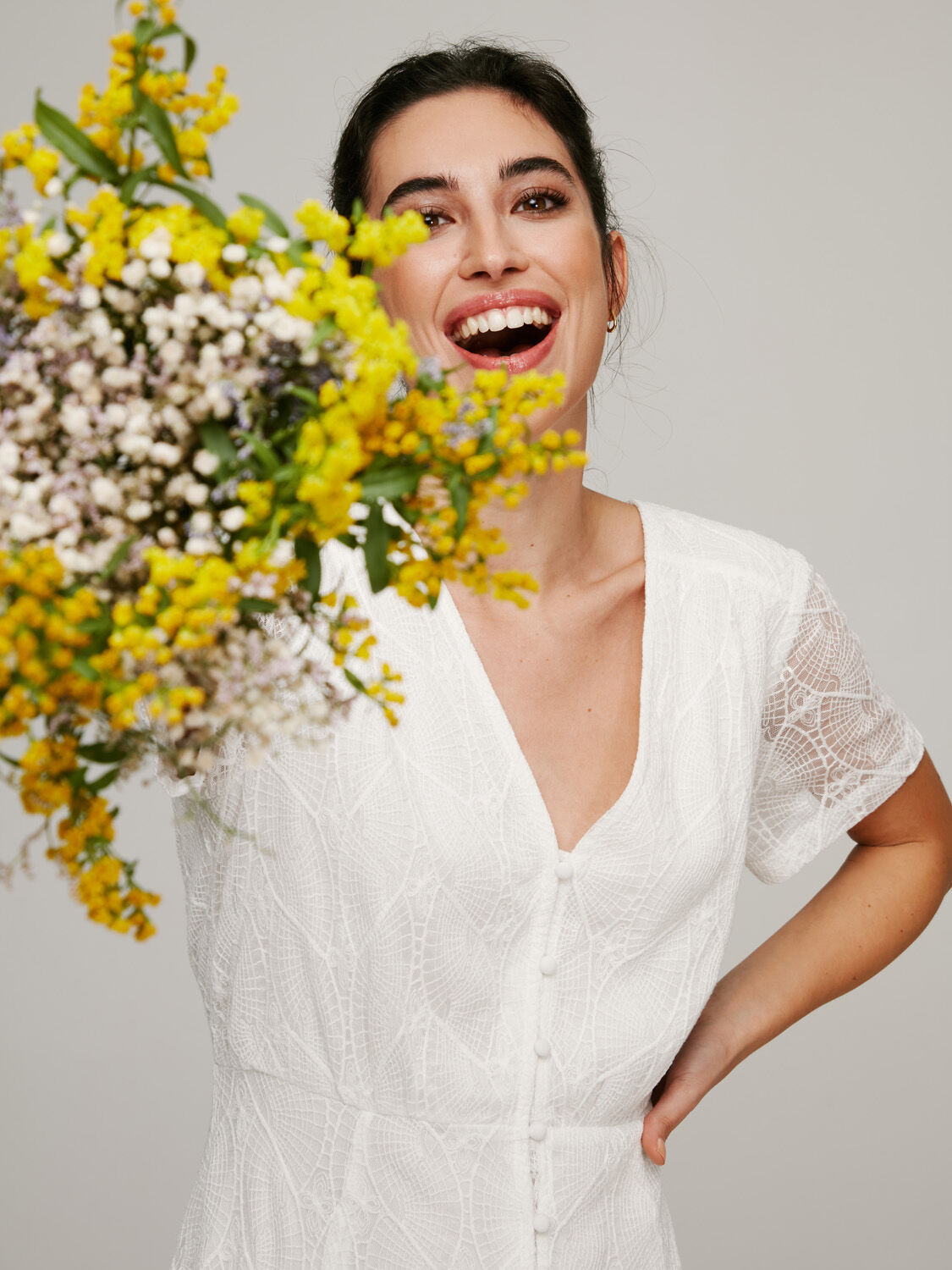 Vestido midi de manga curta - Branco