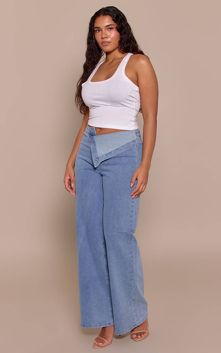 Light Blue Wash Jean Jambe Large Taille Haute Repliable Stretch Sculptant