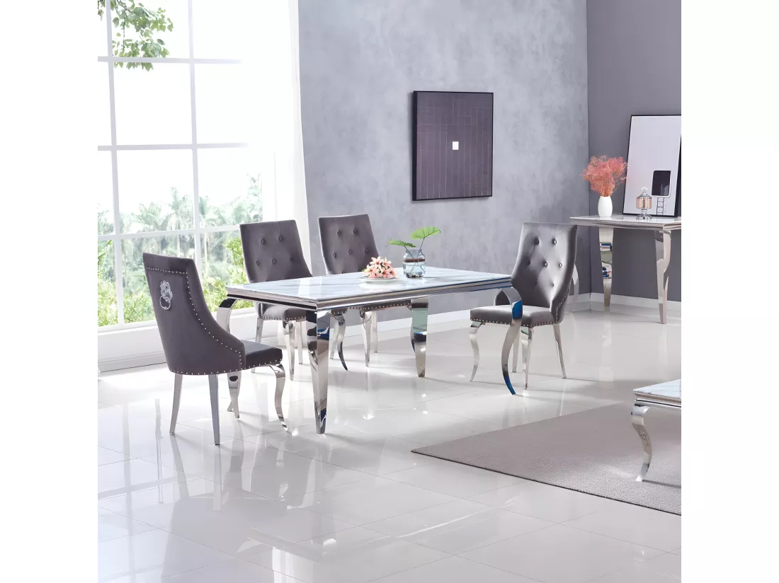 Table à manger baroque chrome verre marbre blanc 6 à 8 couverts l 180 cm