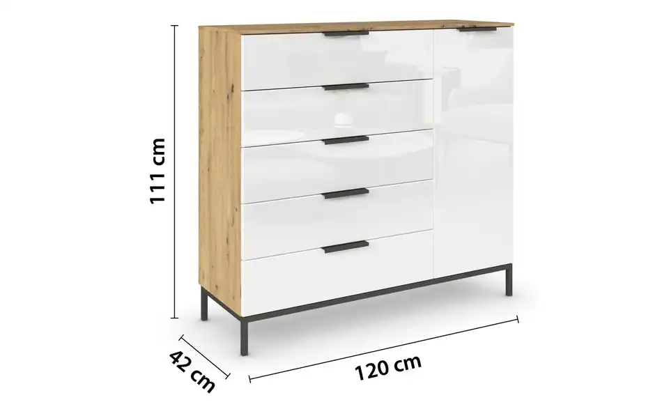 Sideboard Weiß, Eiche Artisan (Nachbildung) Front: Glas, Oberboden: Dekor Graphit