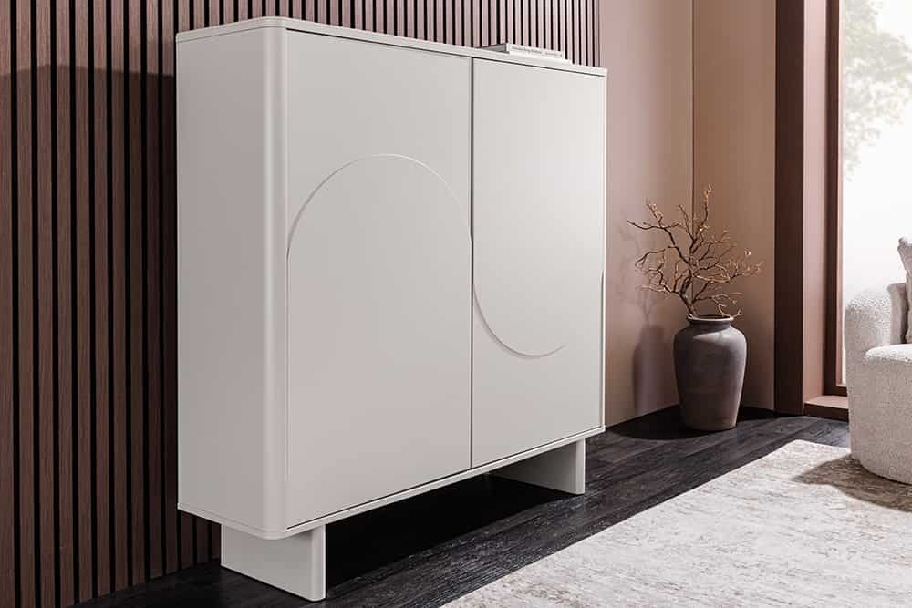 Design Highboard SAVOY 130cm kaschmir weiß Marmor Keramik mit Stauraum und 3D-Front