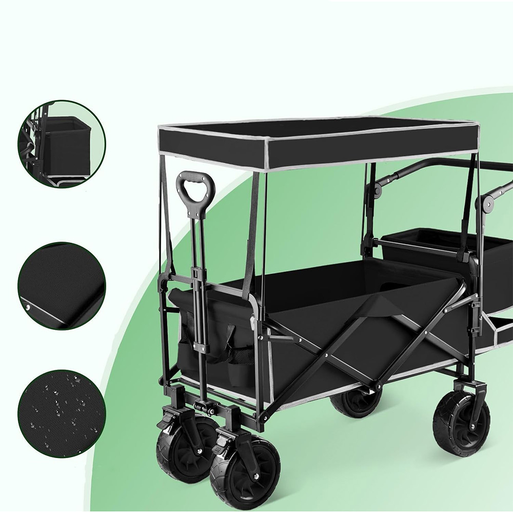 (180L) Faltbarer Leiterwagen Outdoor Bollerwagen Transporthilfe für Camping   Festivals mit Abnehmbarem Dach - Schwarz