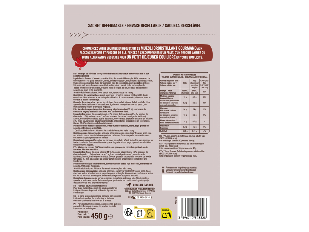 CEREAIS AUCHAN MUESLI CHOCOLATE PRETO E AVELÃS 450G