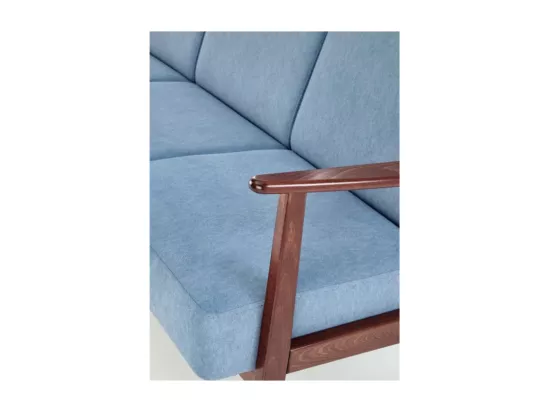 Canapé rétro 3 places en tissu bleu et pied en bois Franky