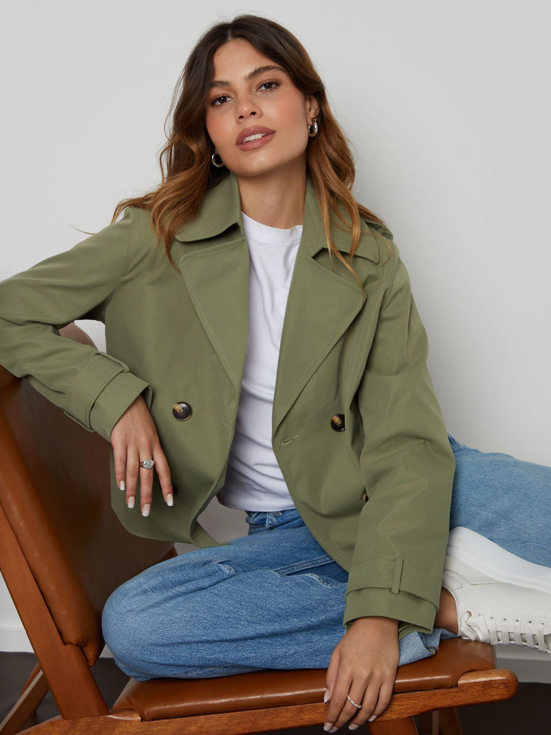 Groen - Threadbare cropped trenchcoat met dubbele rij knopen