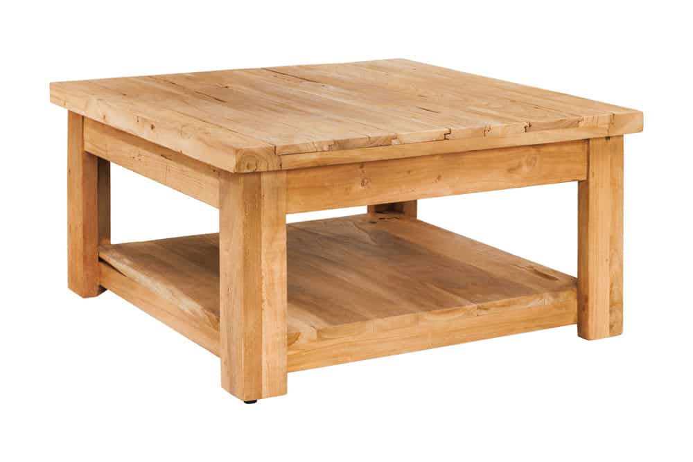 Quadratischer Couchtisch JAVA 70cm natur recyceltes Teakholz mit Ablagefach