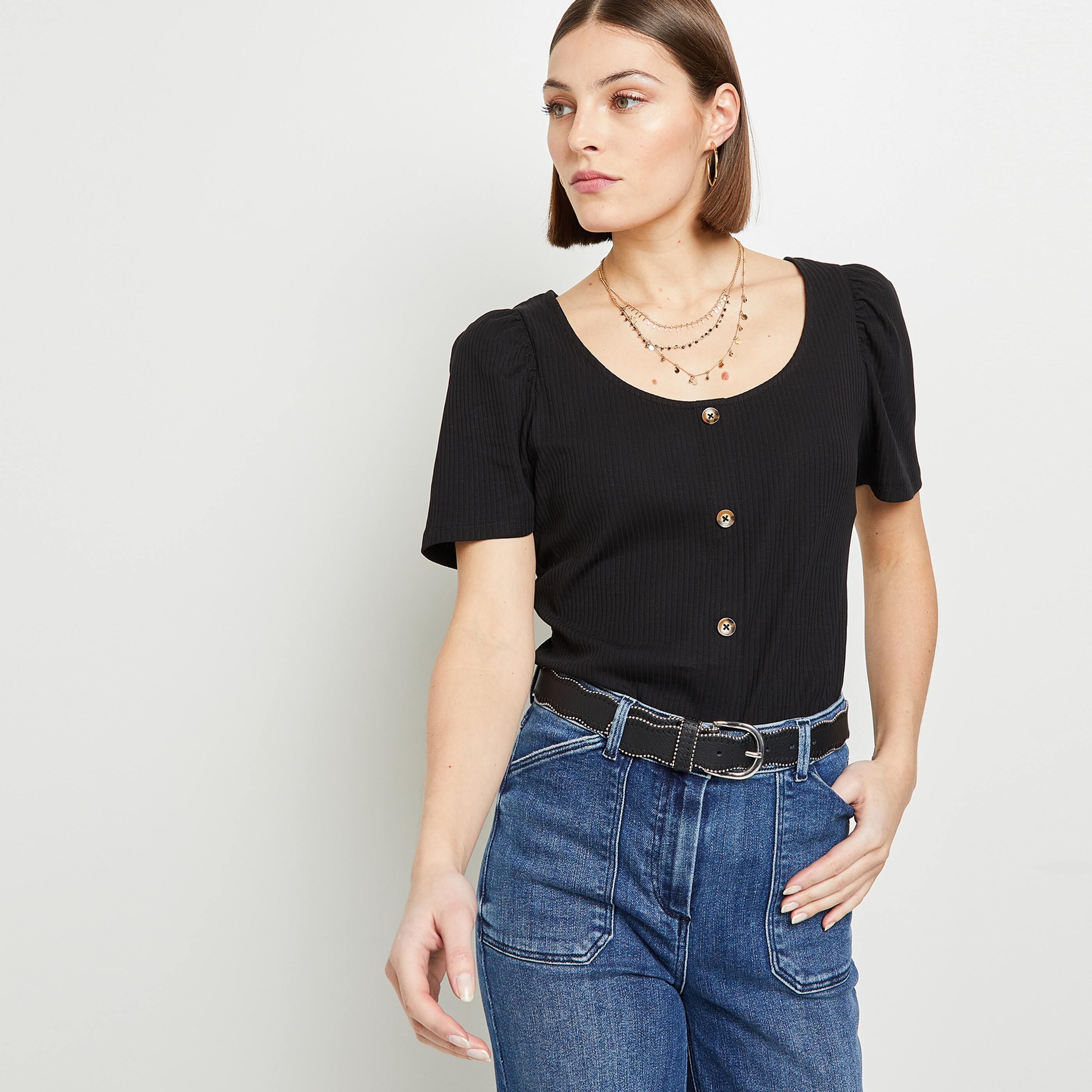 Tshirt côtelé femme - NOIR