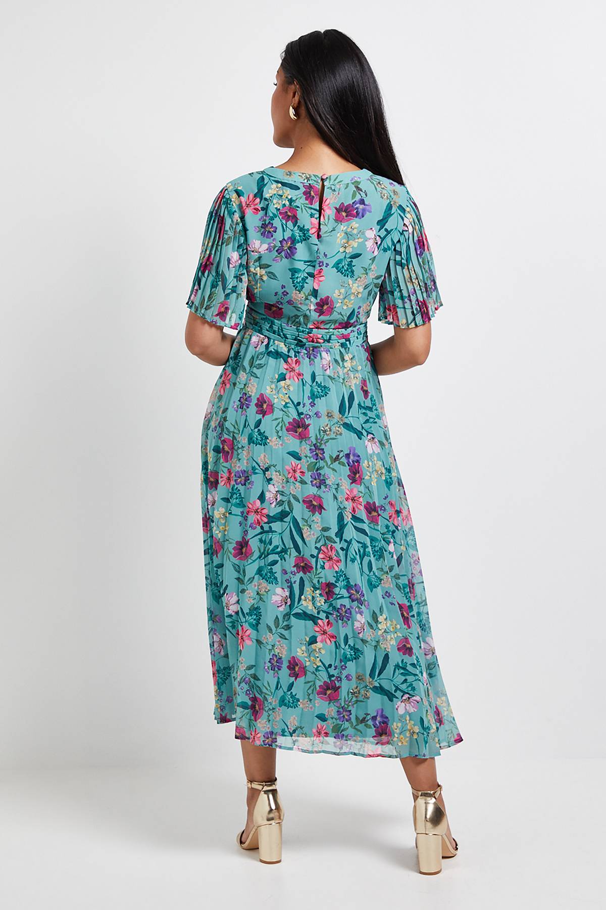 Wallis Robe Midi Petite en Mousseline Florale à Manches Plissées
