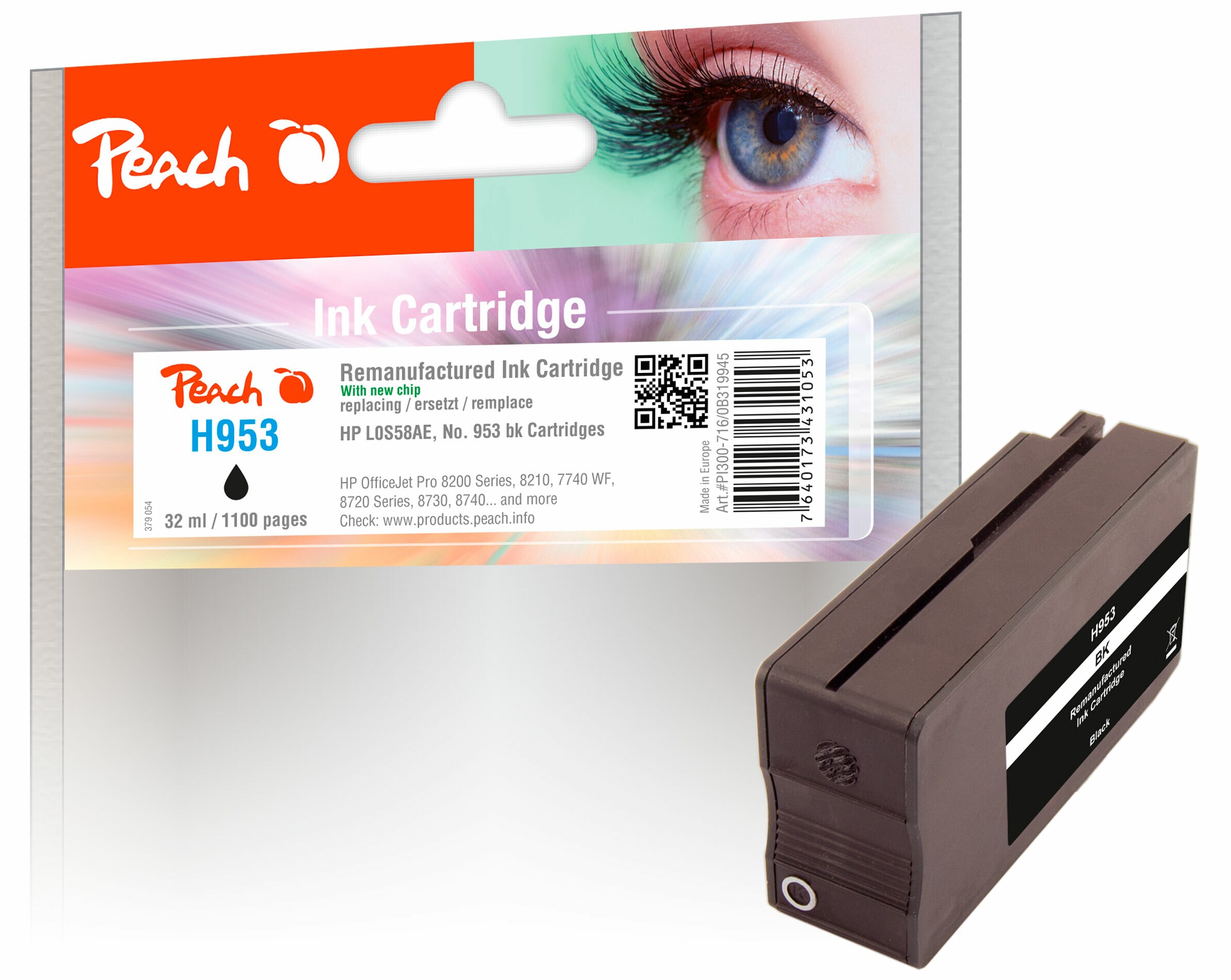Peach HP 953 bk Druckerpatrone bk ersetzt HP No. 953 bk, L0S58AE für z.B. HP OfficeJet Pro 7740 WF, HP OfficeJet Pro 8710, HP OfficeJet Pro 8715 (wiederaufbereitet)