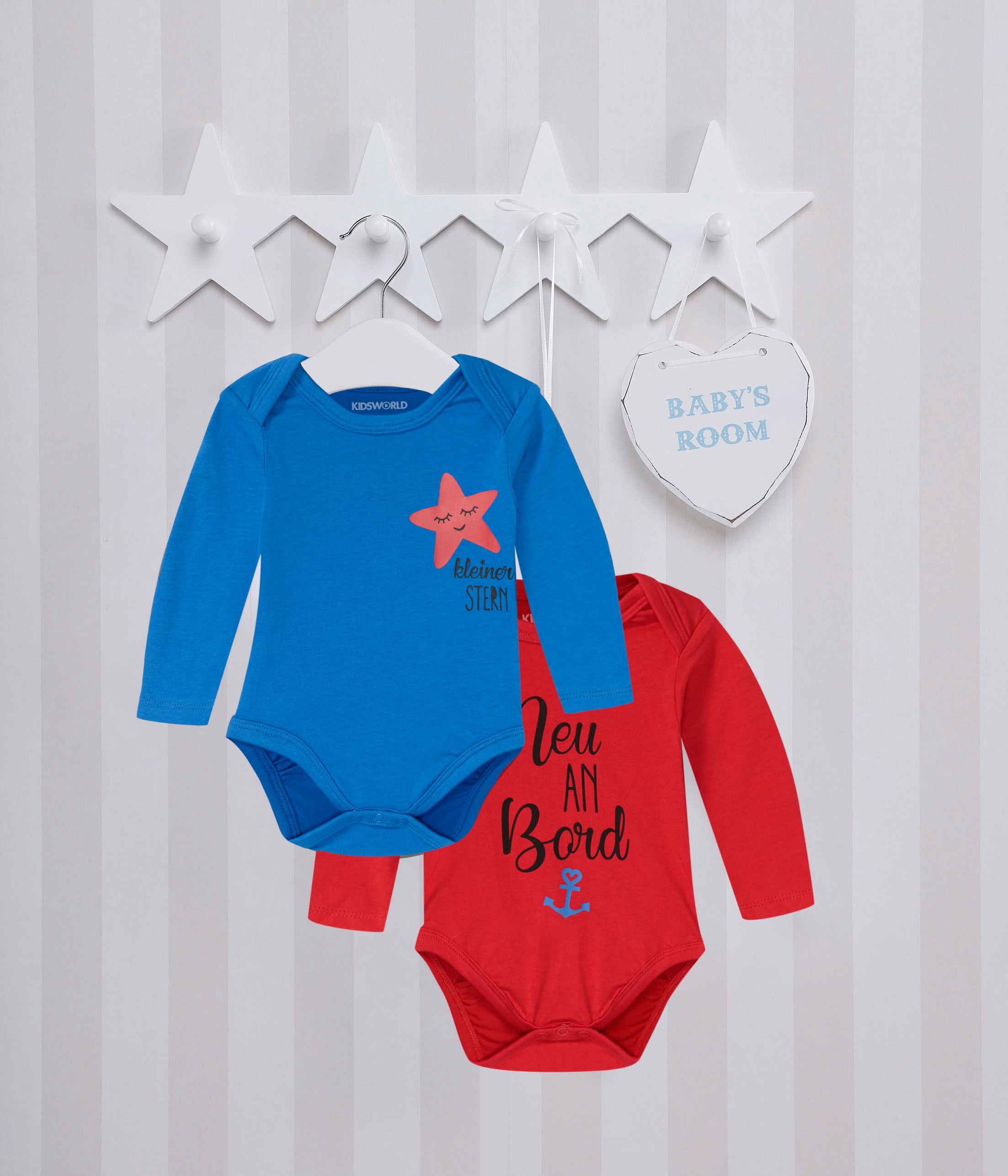 KIDSWORLD Langarmbody »2er Pack Baby-Bodies mit Sprüchen, Neu an Bord«, 2 Stk. aus Bio-Baumwolle
