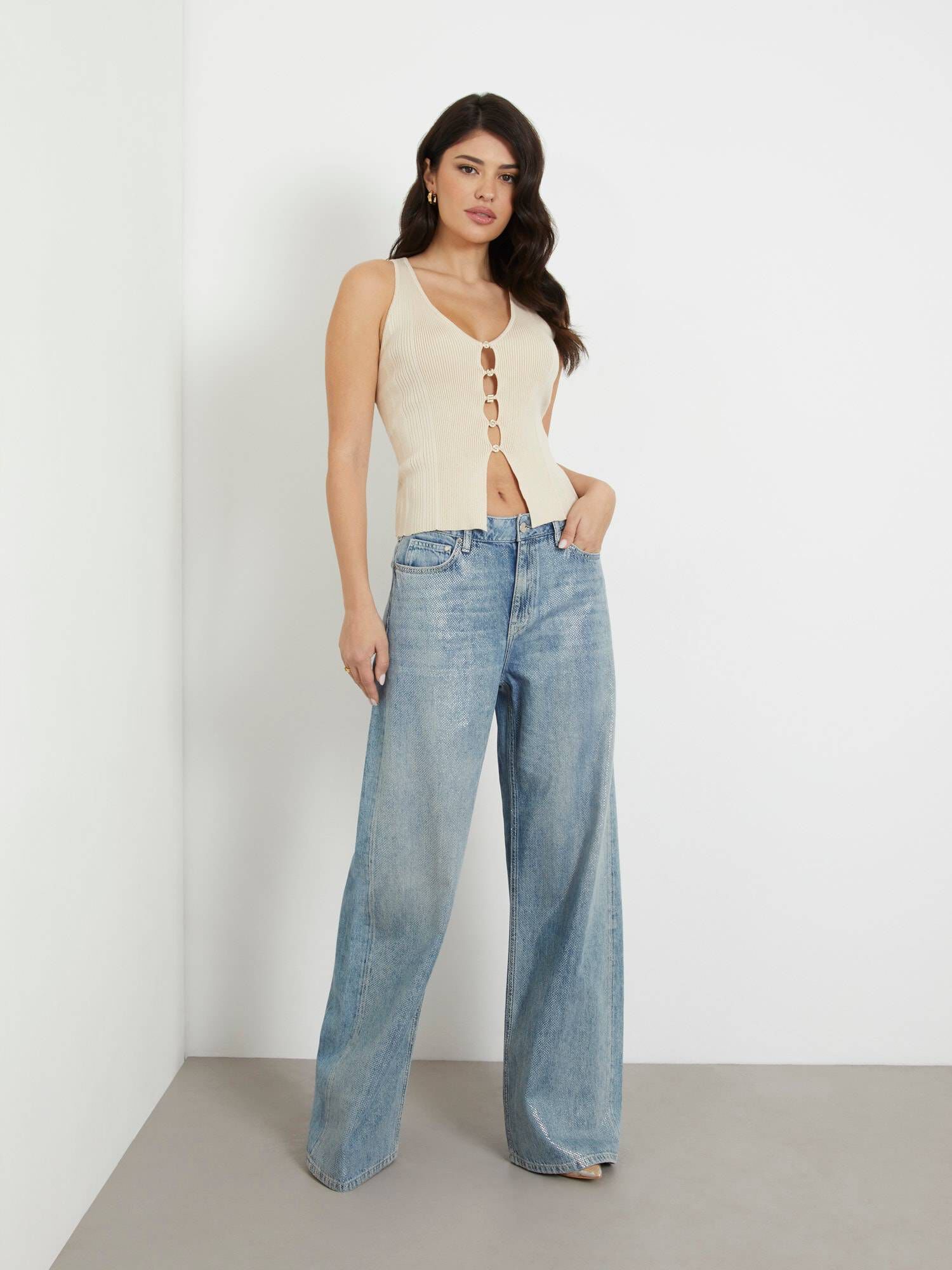 Guess| Damen Stricktop mit Logo-Schmuckknöpfen