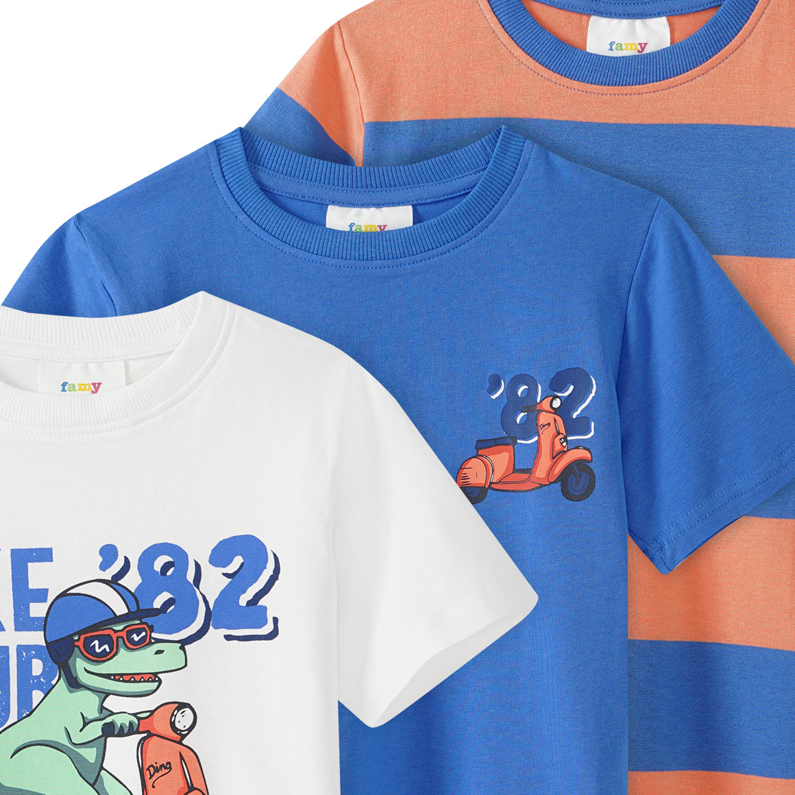 Famy 3 Jungen T-Shirts in verschiedenen Dessins weiss / blau / orange