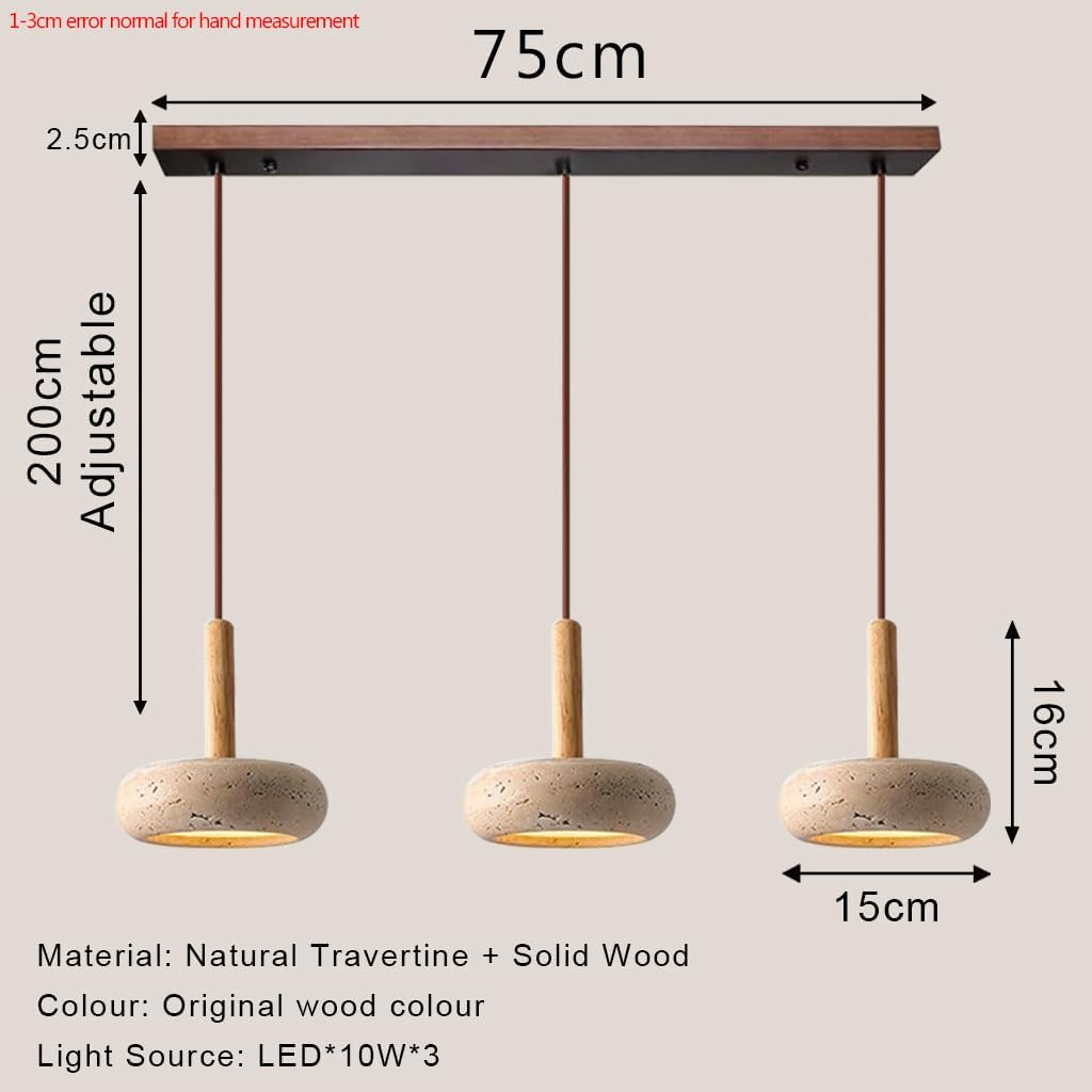 Wabi Sabi Pendelleuchte Gelbe Travertin Mit Rundem Naturstein Schirm Nordische Holz LED Hängelampe Verstellbare Schlinge Für Schlafzimmer Nachttischlampe Wohnzimmer Kücheninsel(Long)