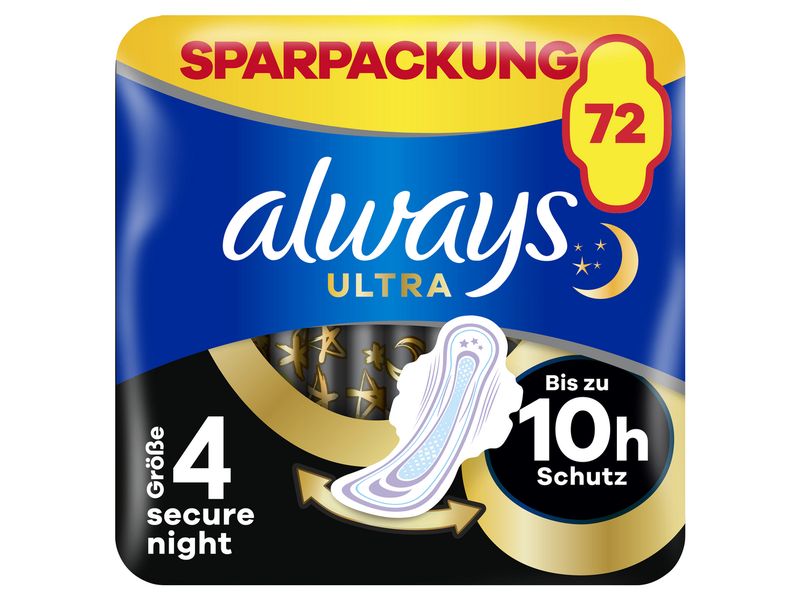 Always Binde mit Flügeln Ultra Secure Night 72 Stück Hochwertige Binden mit saugfähigem Kern