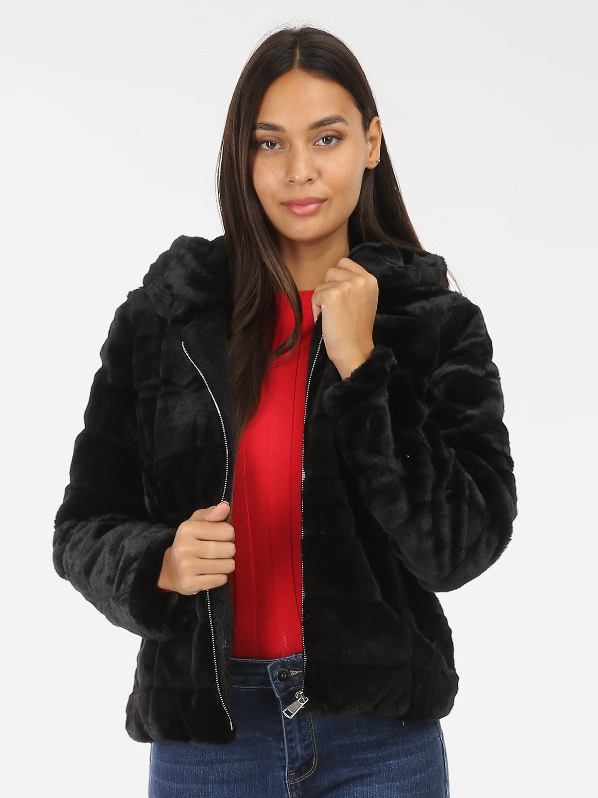 Manteau court à fausse fourrure et capuche- Noir