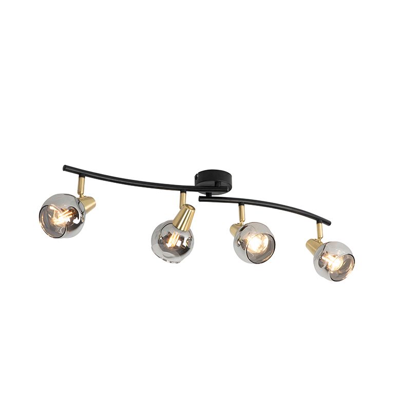 Art Deco plafondlamp goud met smoke glas 4-lichts - Vidro