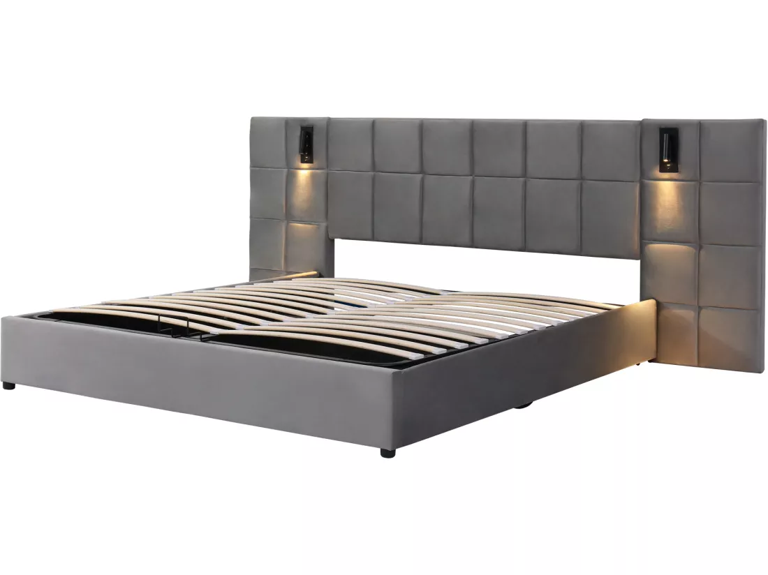 Lit coffre avec tête de lit réglable - 140 x 200 cm - velours - avec lampe orientable et USB - gris