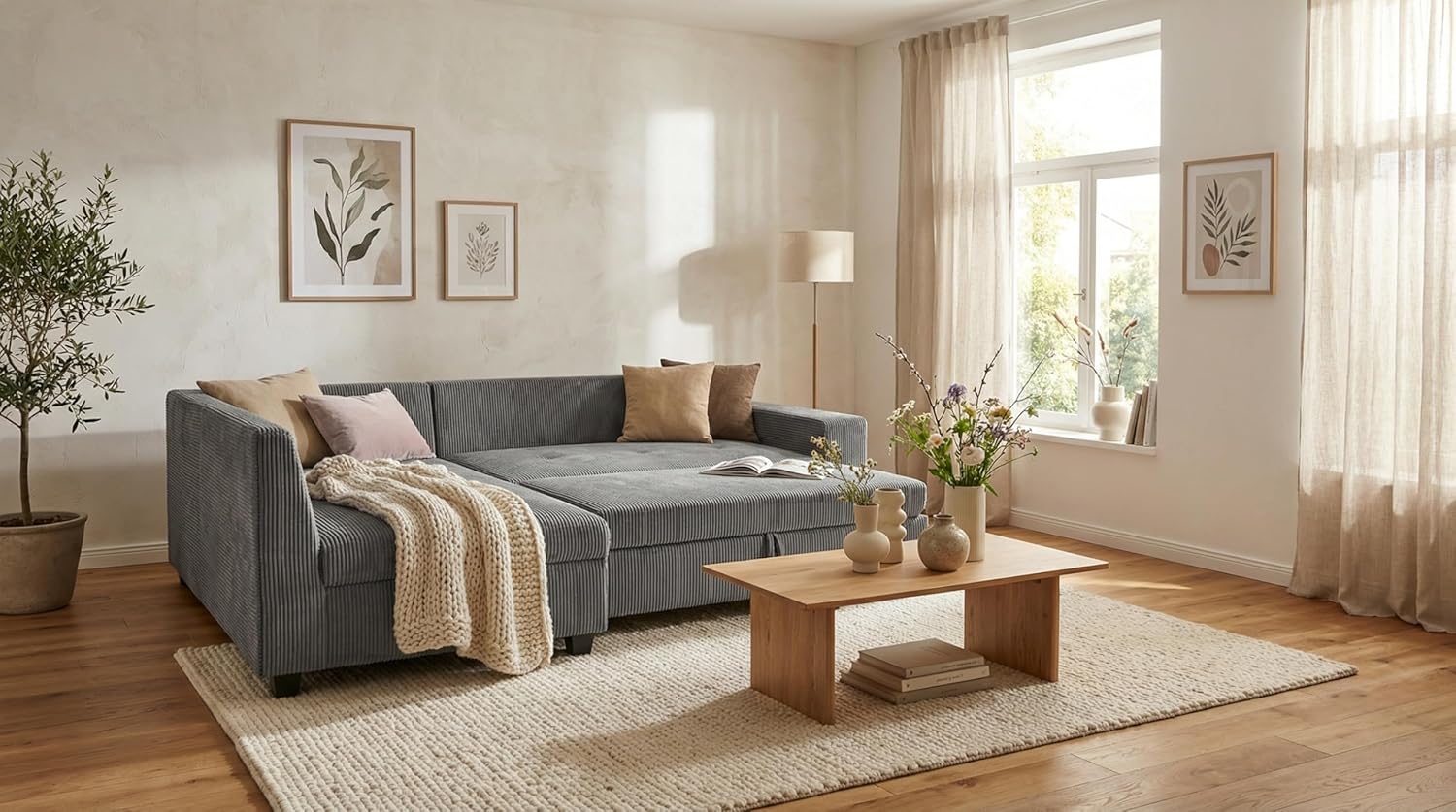 Ecksofa L-Form aus Cordstoff mit Schlaffunktion, dunkelgrau (Ash) – Liegefläche 147 × 207 cm, Breite 243 cm, Sitzhöhe 45 cm, Modell MIRA