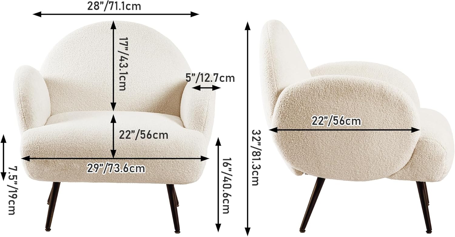 Sessel Moderner Loungesessel Einzel Loungesofa Lounge Sofa Gemütlicher Teddystoff Schwarze Metallbeine Geeignet für Wohnzimmer Schlafzimmer, Weiß