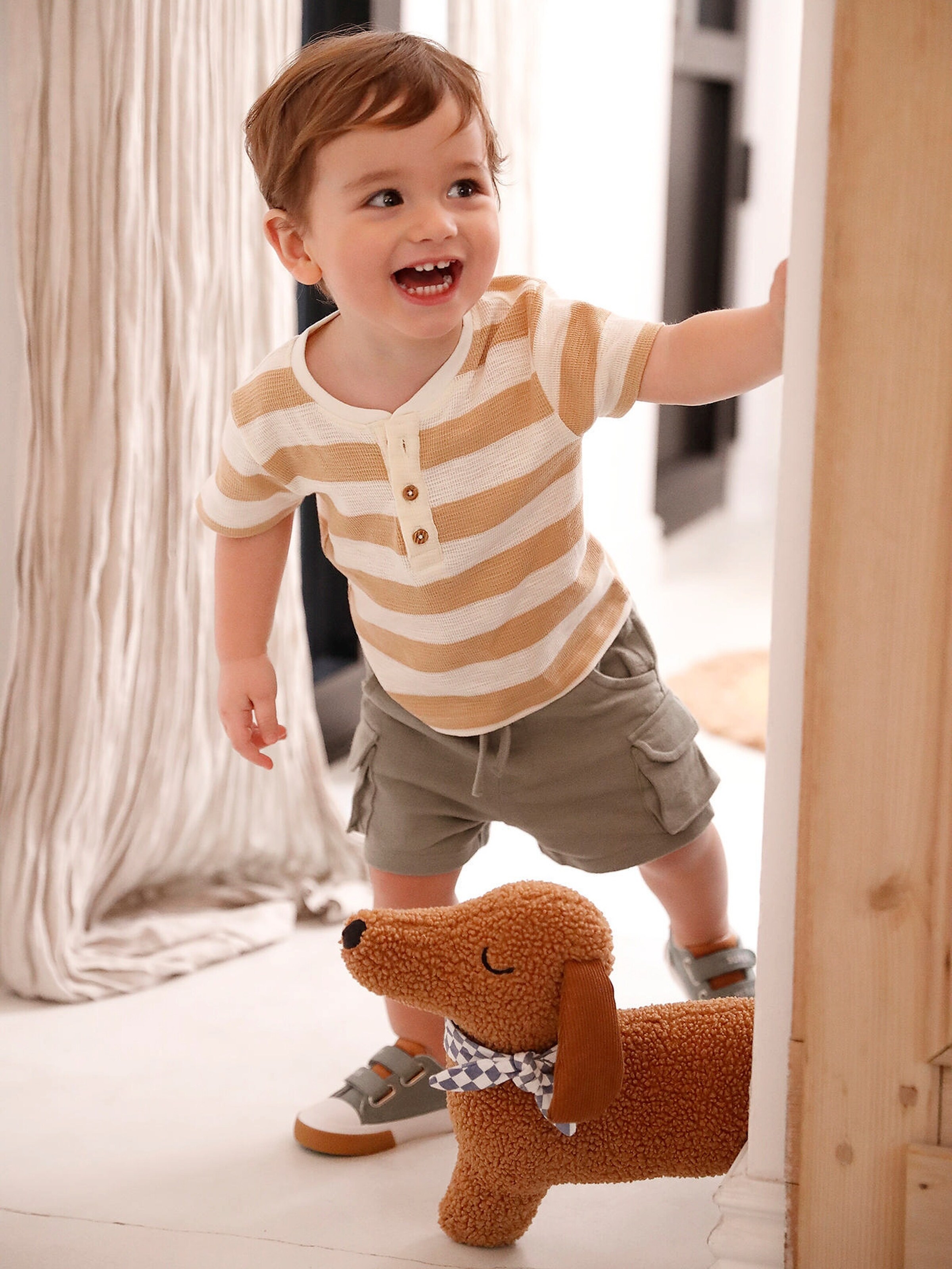 Vertbaudet Bio-Kollektion: Gestreiftes Baby Shirt aus Waffelpikee cappuccino