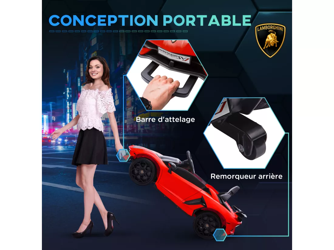 Voiture électrique enfant licence Lamborghini Aventador roadster SVJ télécommande effets sonores lumineux rouge