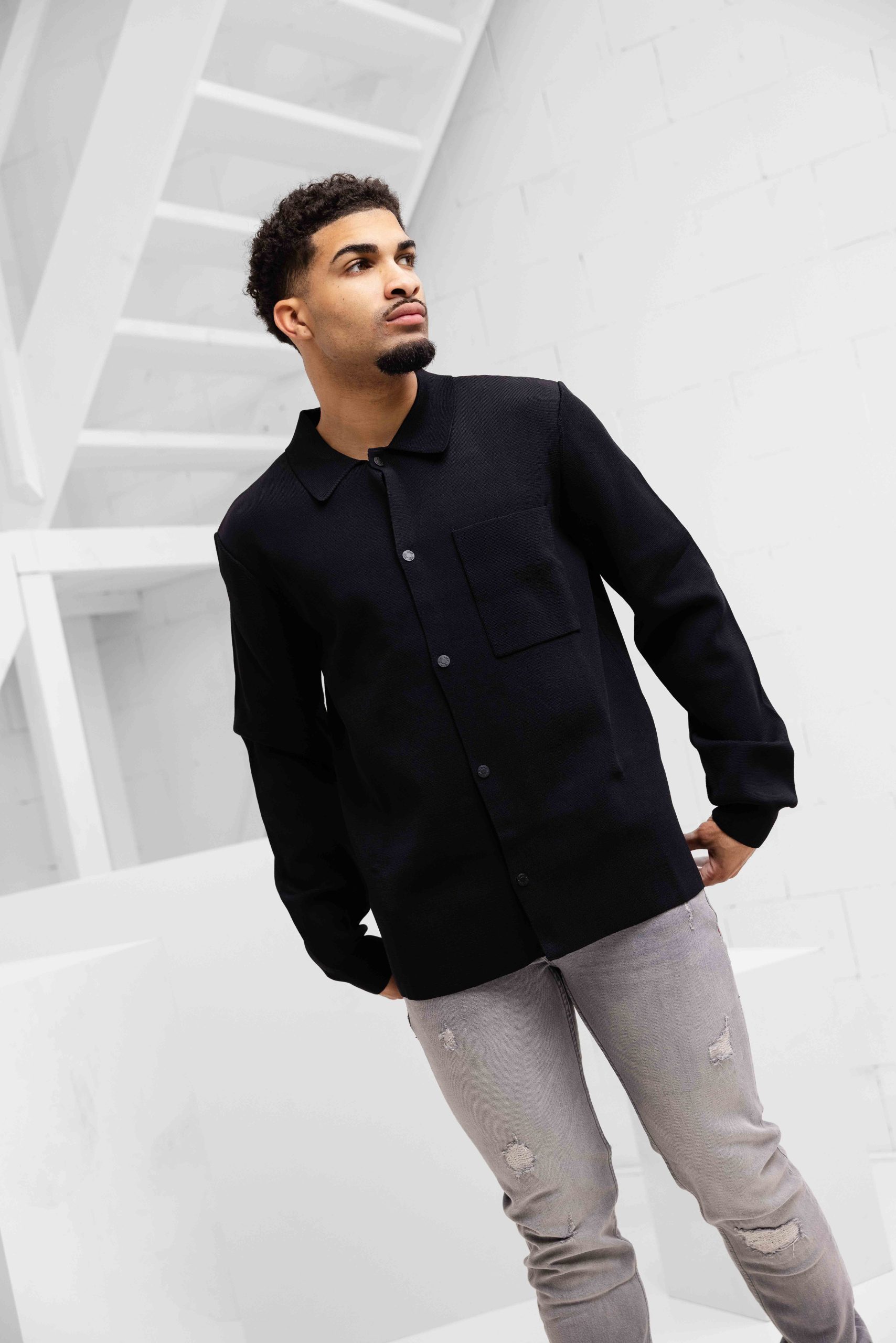 Off The Pitch Flat Knit Tailored Overshirt Heren Zwart