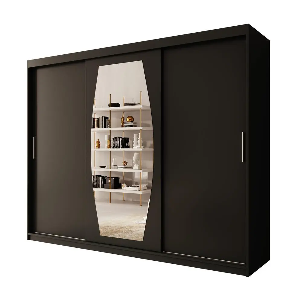 Meubella - Kledingkast Azai - Zwart - 250 cm - Met spiegel