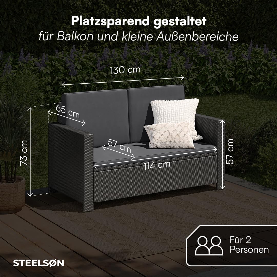 STEELSØN Gartenbank Elnath aus Polyrattan, Gartensofa für 2 Personen, Balkonmöbel 2er Sofa mit Polster wetterfest, Terrassenmöbel in schwarz/anthrazit 73x65x130 cm (HxTxB)
